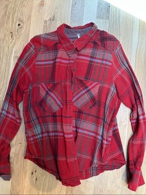 Free People Red Plaid Button-Up Shirt